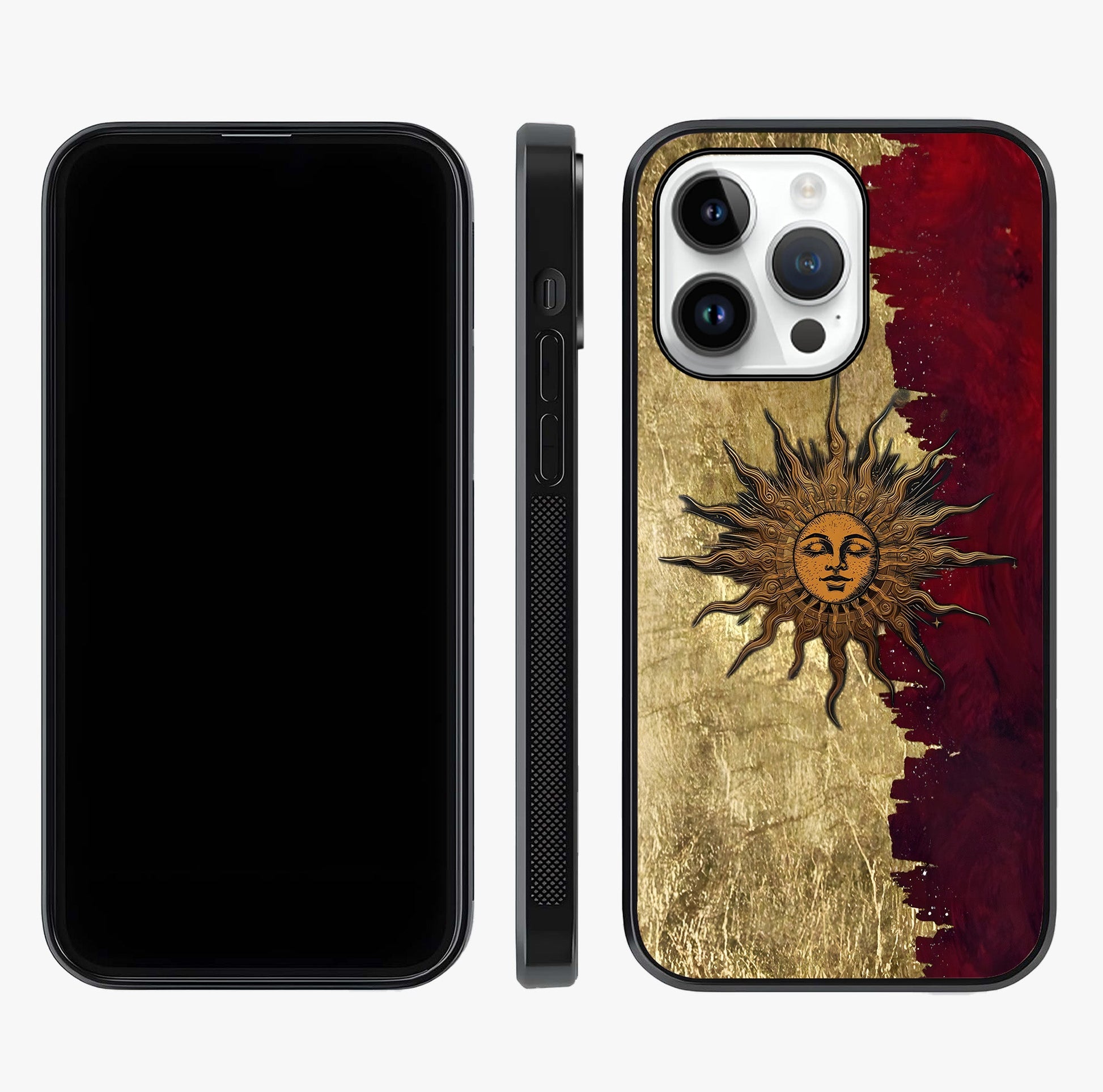 Crimson Sun Majesty Glass Case displayed upright for full design visibility and premium finish.