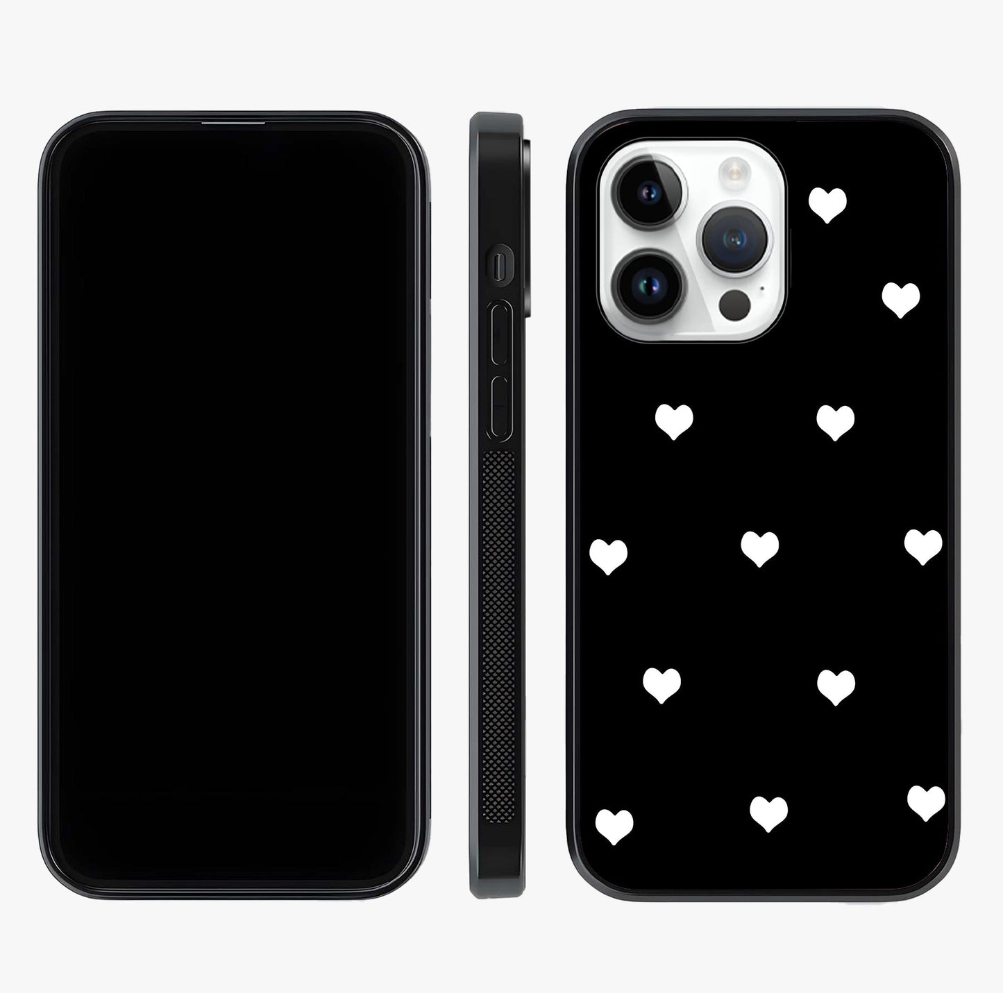 Cute And Simple White Hearts Glass Case displayed upright for full design visibility and premium finish.