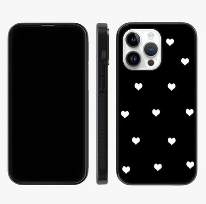 Cute And Simple White Hearts Glass Case displayed upright for full design visibility and premium finish.