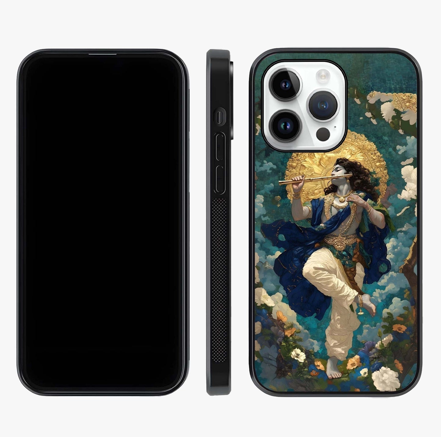 Divine Krishna Art Glass Case displayed upright for full design visibility and premium finish.