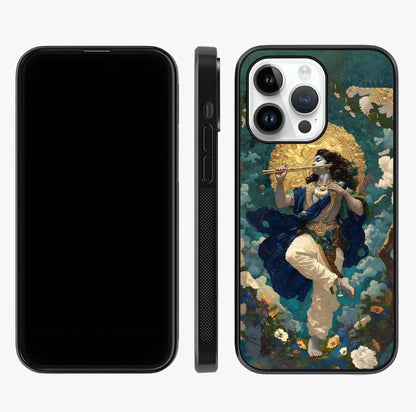 Divine Krishna Art Glass Case displayed upright for full design visibility and premium finish.