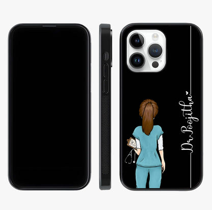 Doctor Pattern Custom Name Glass Case displayed upright for full design visibility and premium finish.