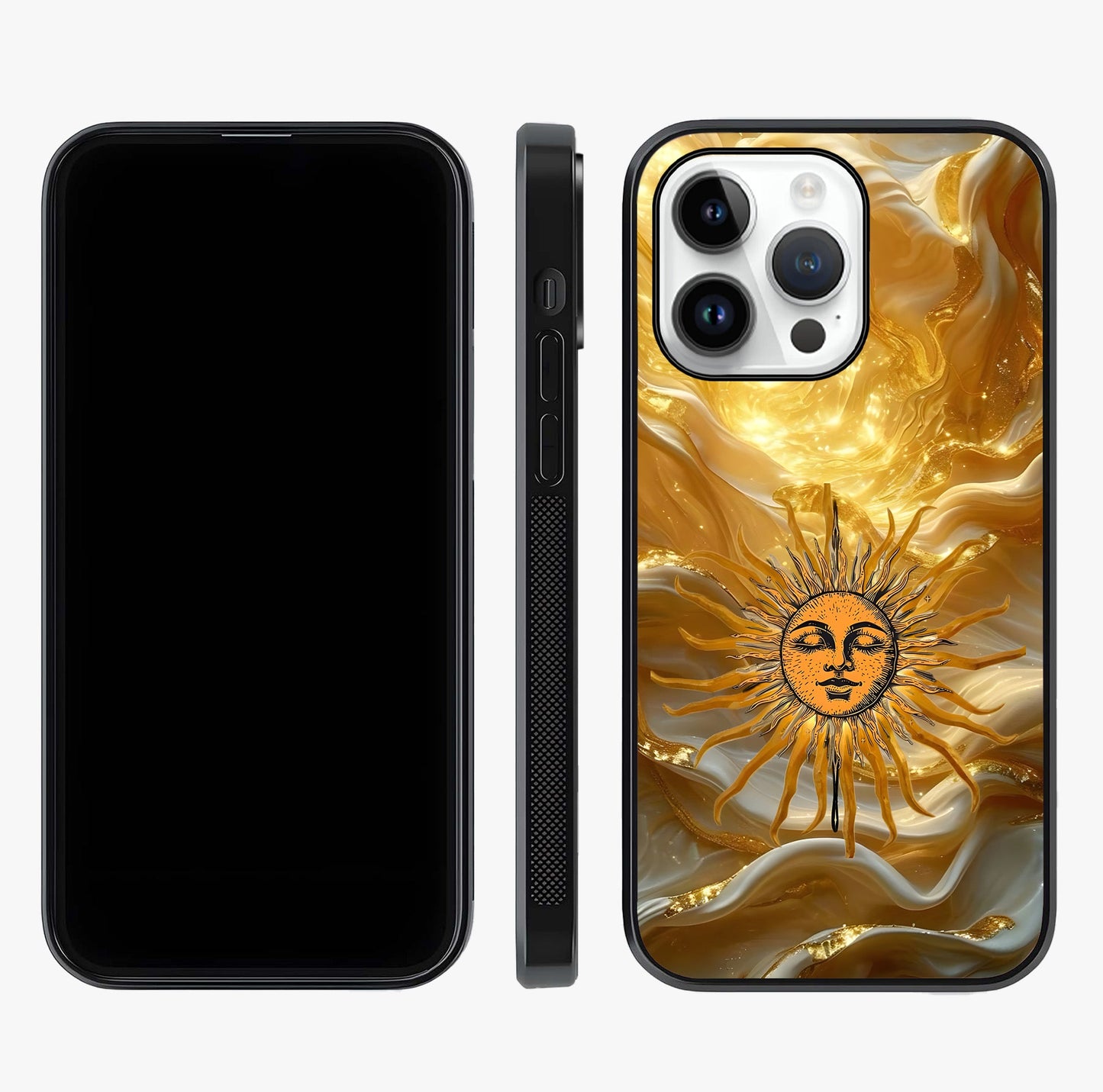 Eternal Golden Glow Glass Case displayed upright for full design visibility and premium finish.
