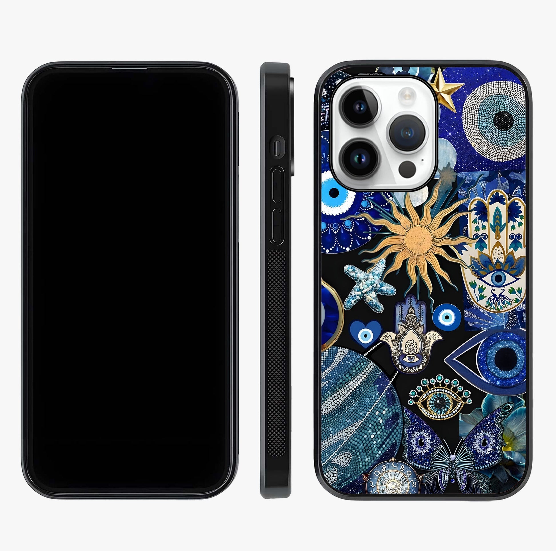 Evil Eye Charm Mix Glass Case displayed upright for full design visibility and premium finish.