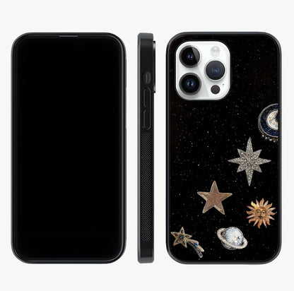 Galactic Charm Glow Glass Case displayed upright for full design visibility and premium finish.