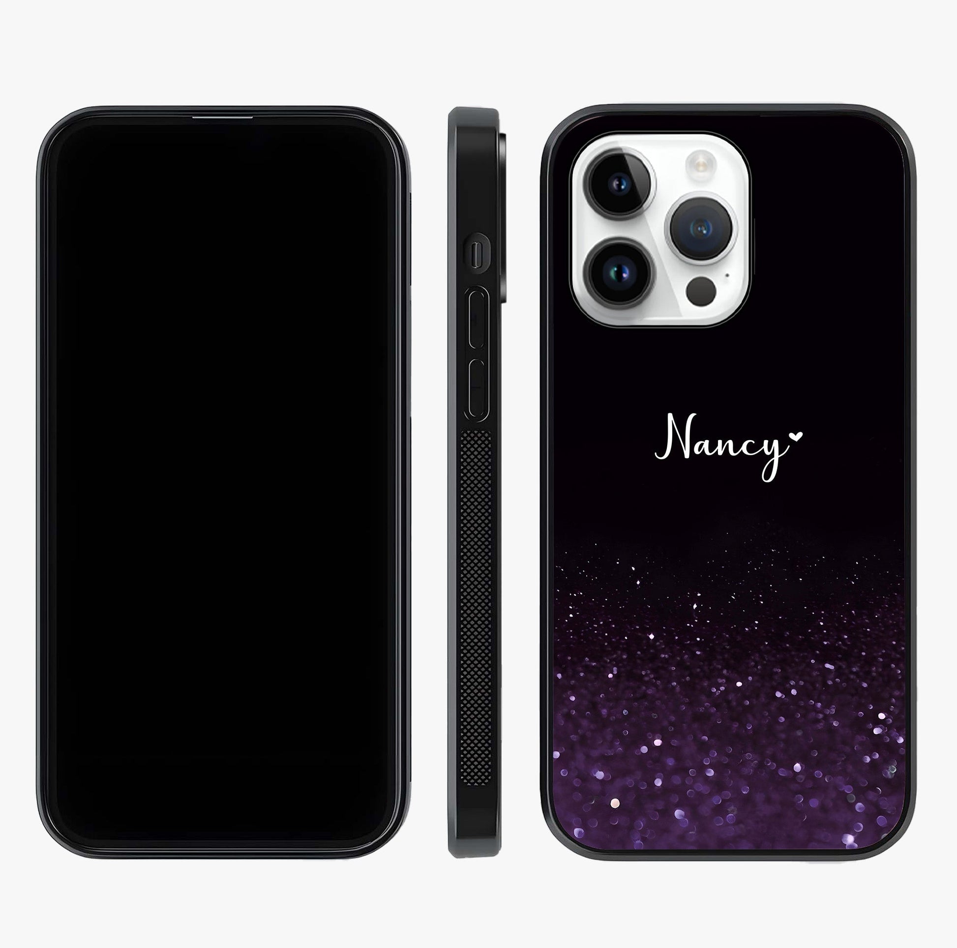 Glittery Purple Bokeh Custom Name Glass Case displayed upright for full design visibility and premium finish.