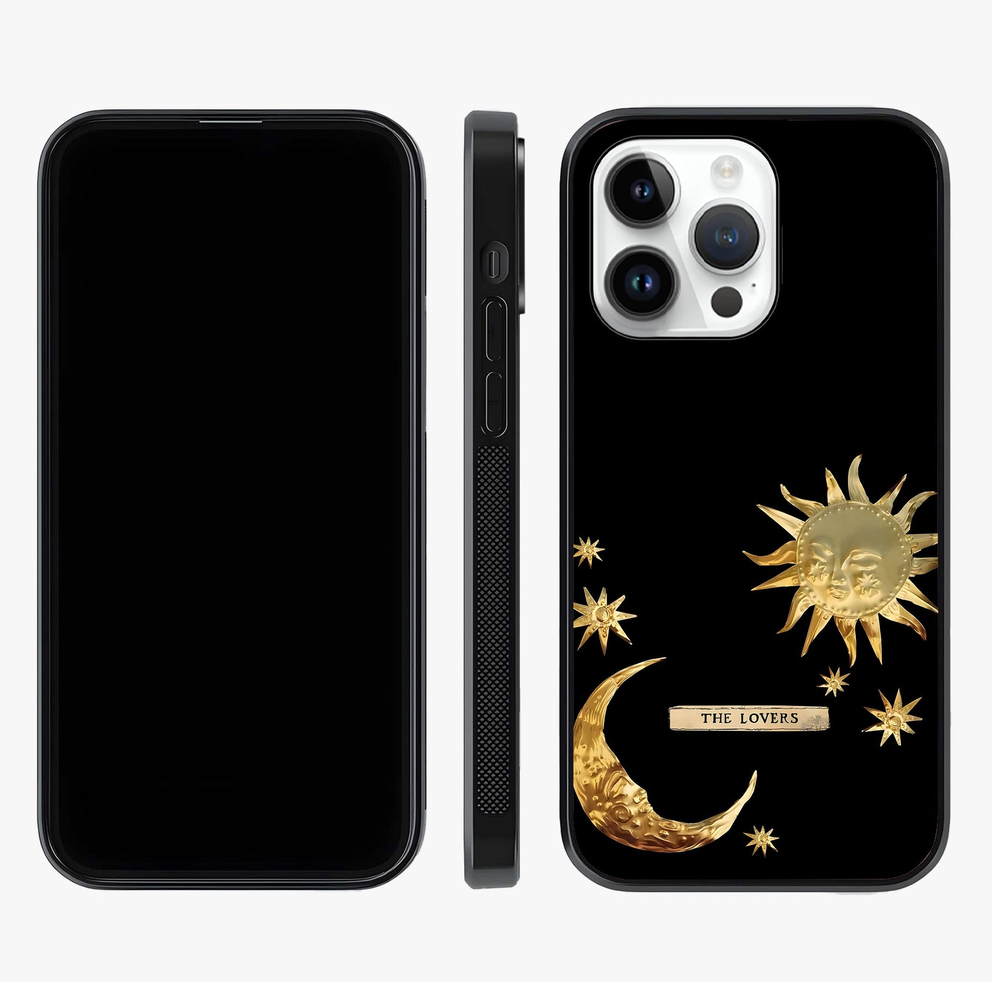 Golden Celestial Charm Glass Case displayed upright for full design visibility and premium finish.
