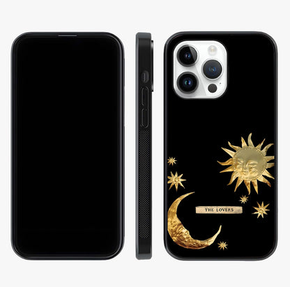 Golden Celestial Charm Glass Case displayed upright for full design visibility and premium finish.