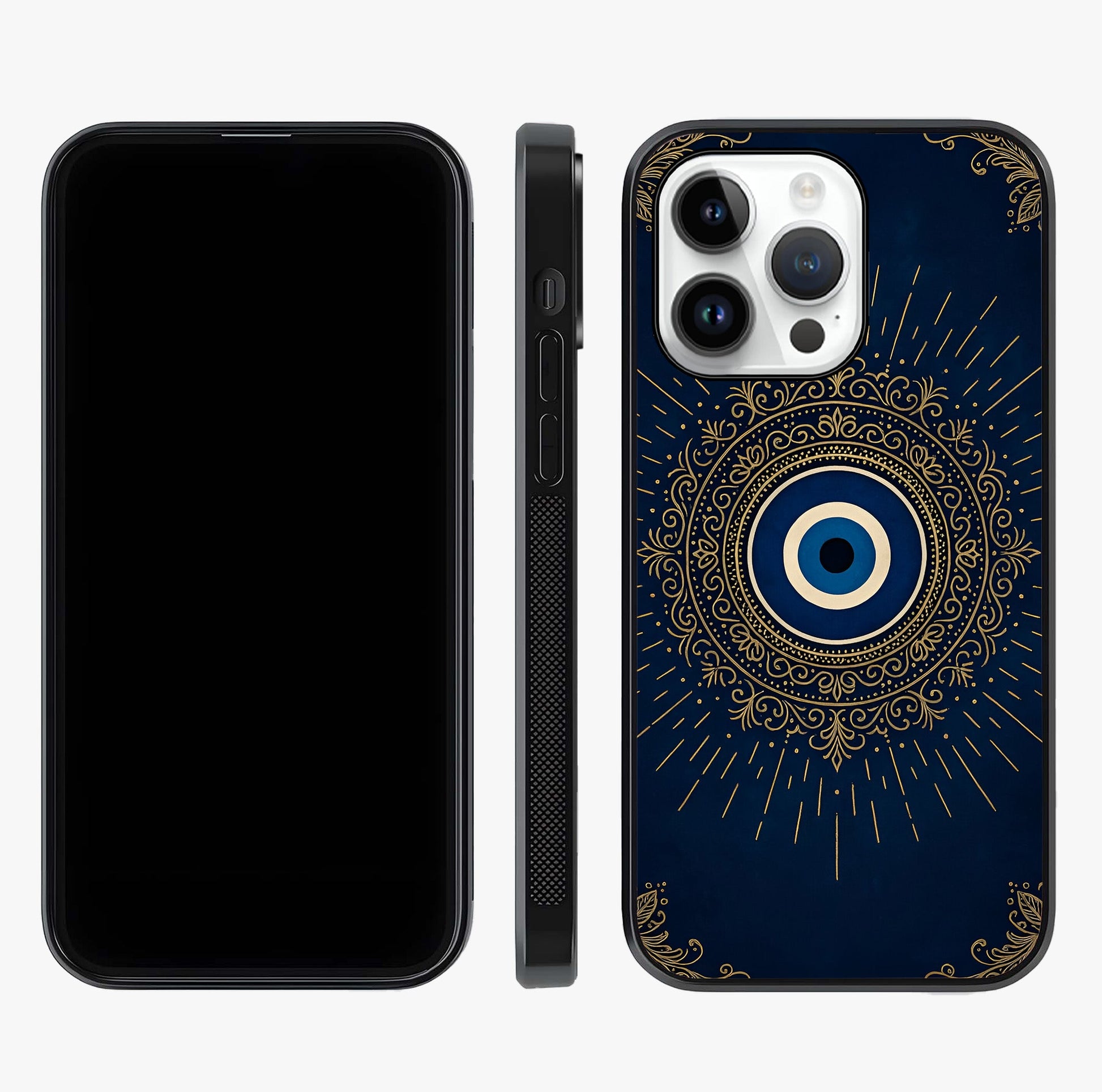 Golden Evil Eye Mandala Glass Case displayed upright for full design visibility and premium finish.