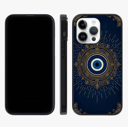 Golden Evil Eye Mandala Glass Case displayed upright for full design visibility and premium finish.