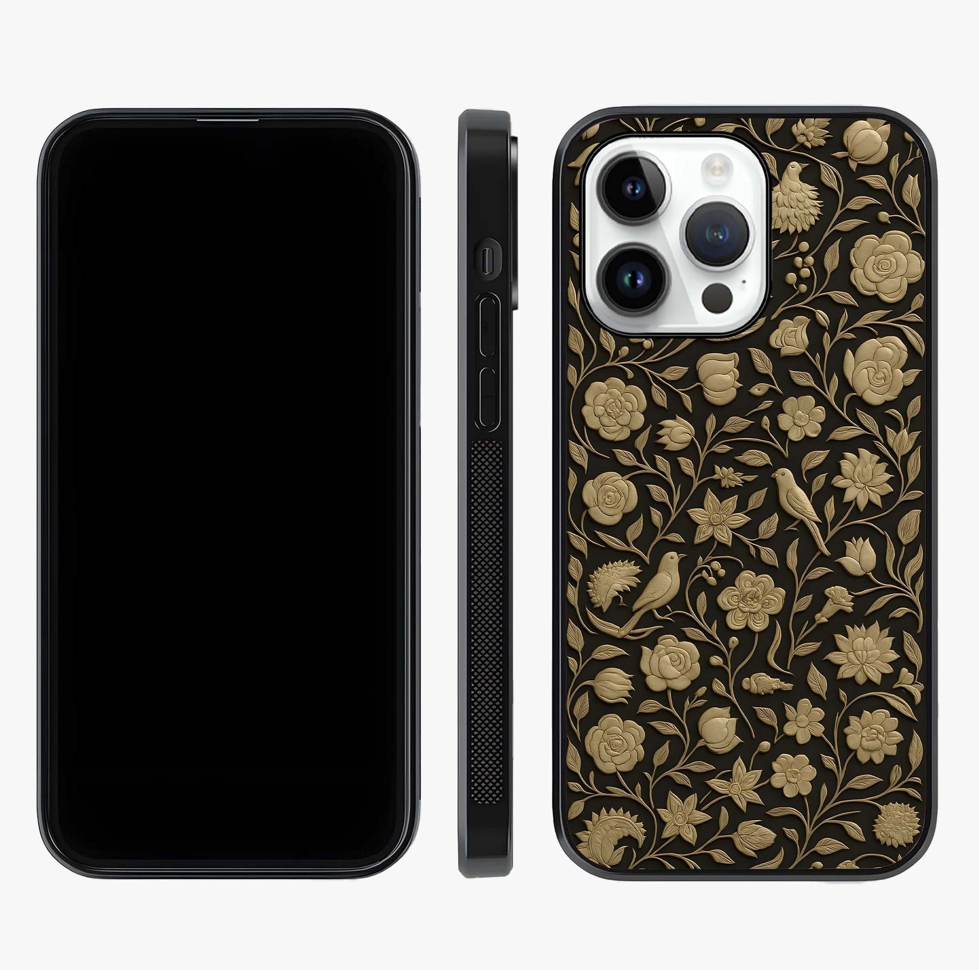 Golden Floral Majesty Glass Case displayed upright for full design visibility and premium finish.