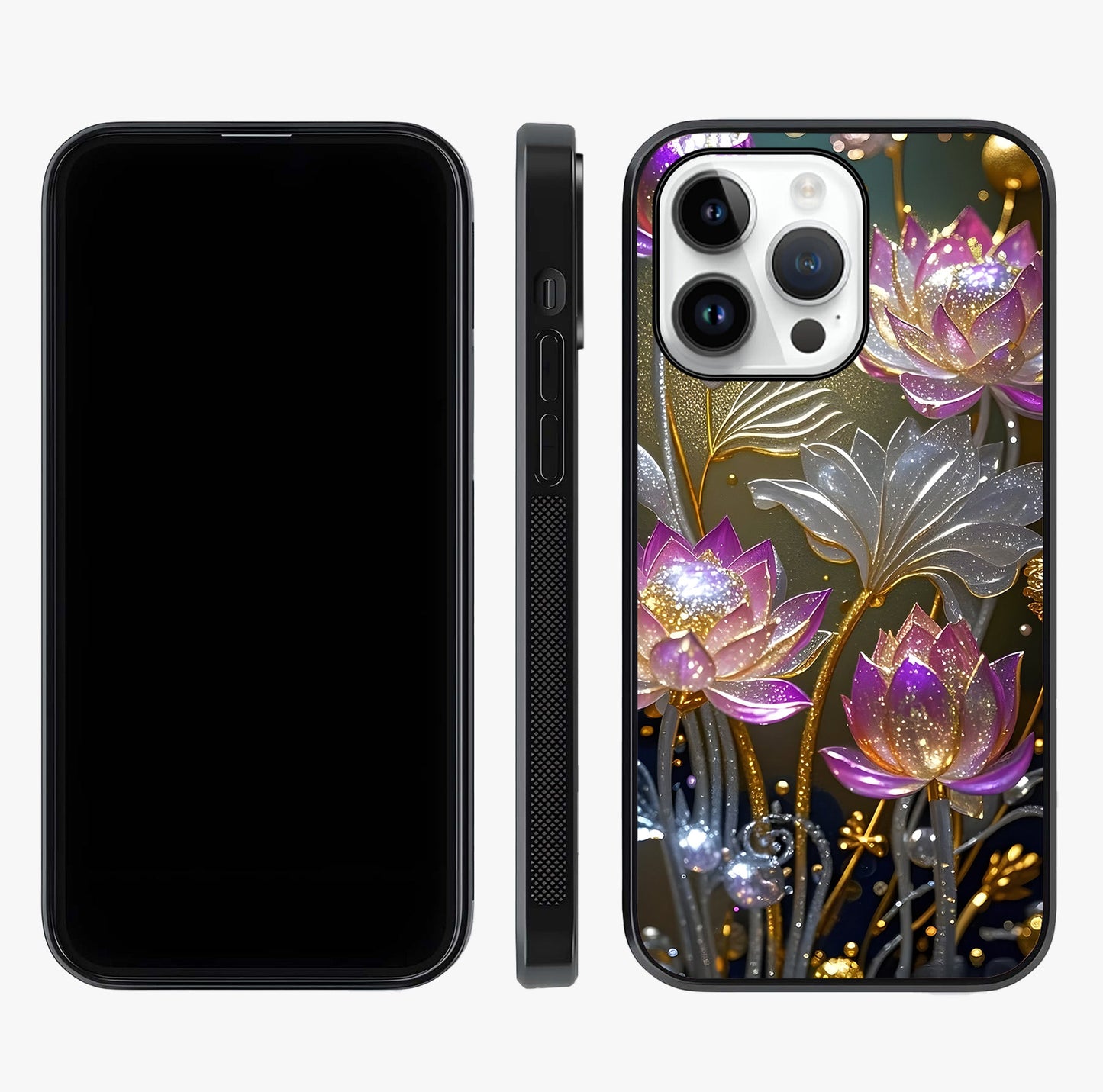 Golden Lotus Glow Glass Case displayed upright for full design visibility and premium finish.
