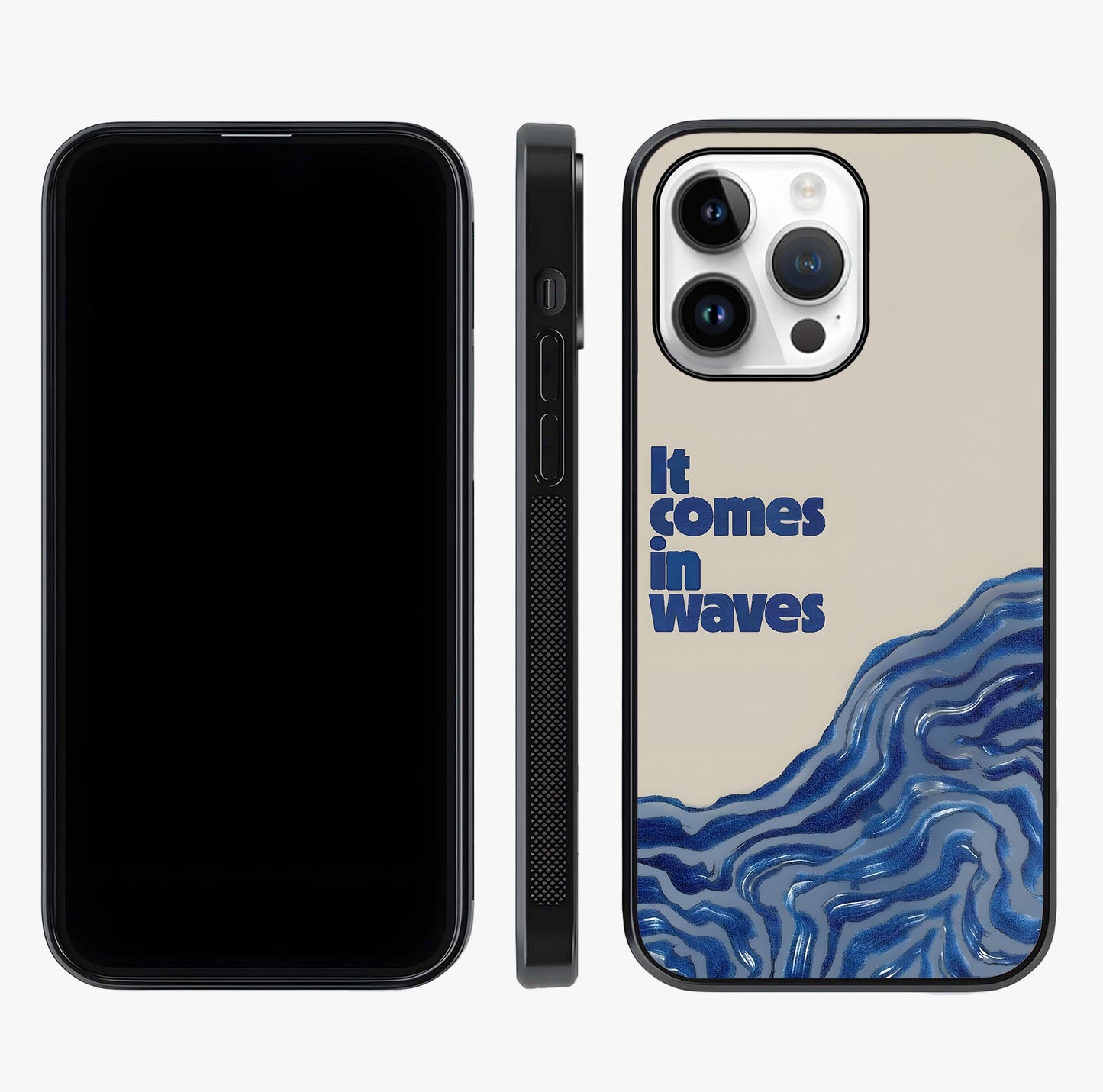 It Comes In Waves Quote Glass Case displayed upright for full design visibility and premium finish.