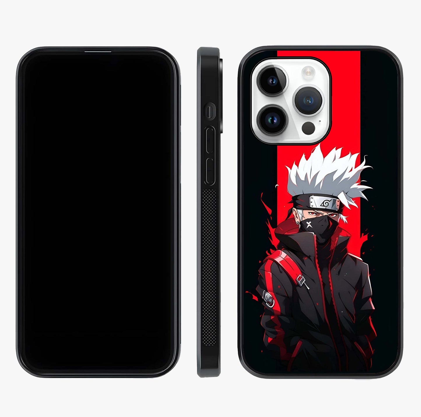 Kakashi Scarlet Shadow Glass Case displayed upright for full design visibility and premium finish.