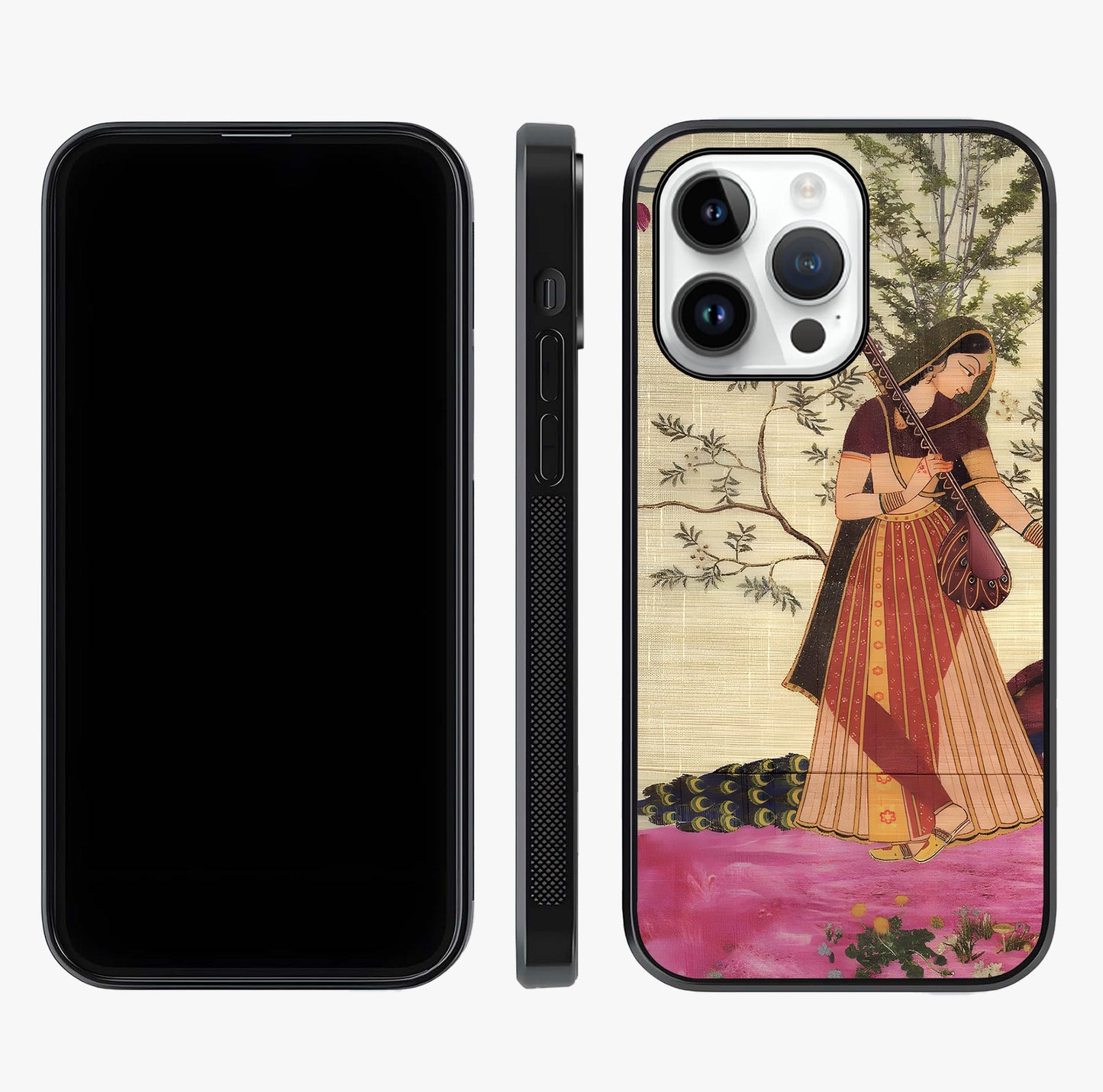 Lady With Veena Art Glass Case displayed upright for full design visibility and premium finish.