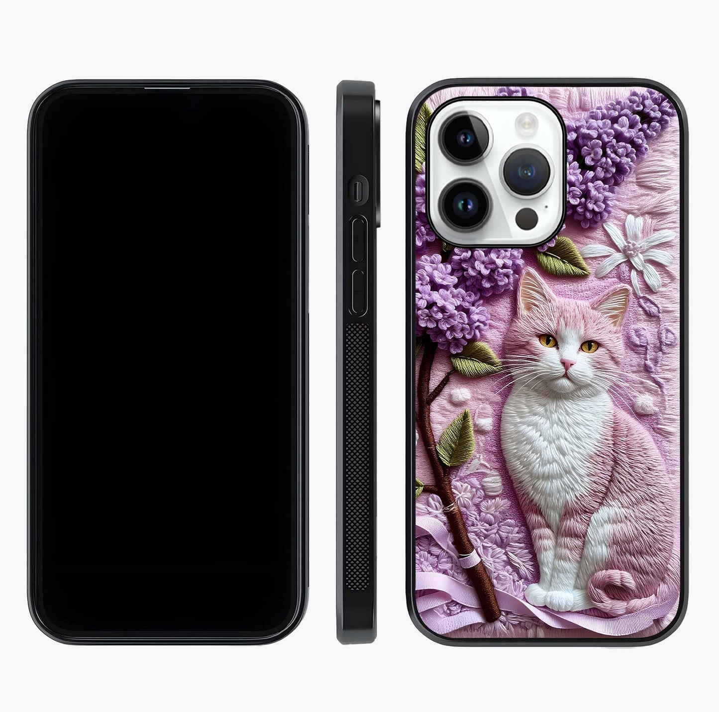 Lavender Cat Whimsy Glass Case displayed upright for full design visibility and premium finish.