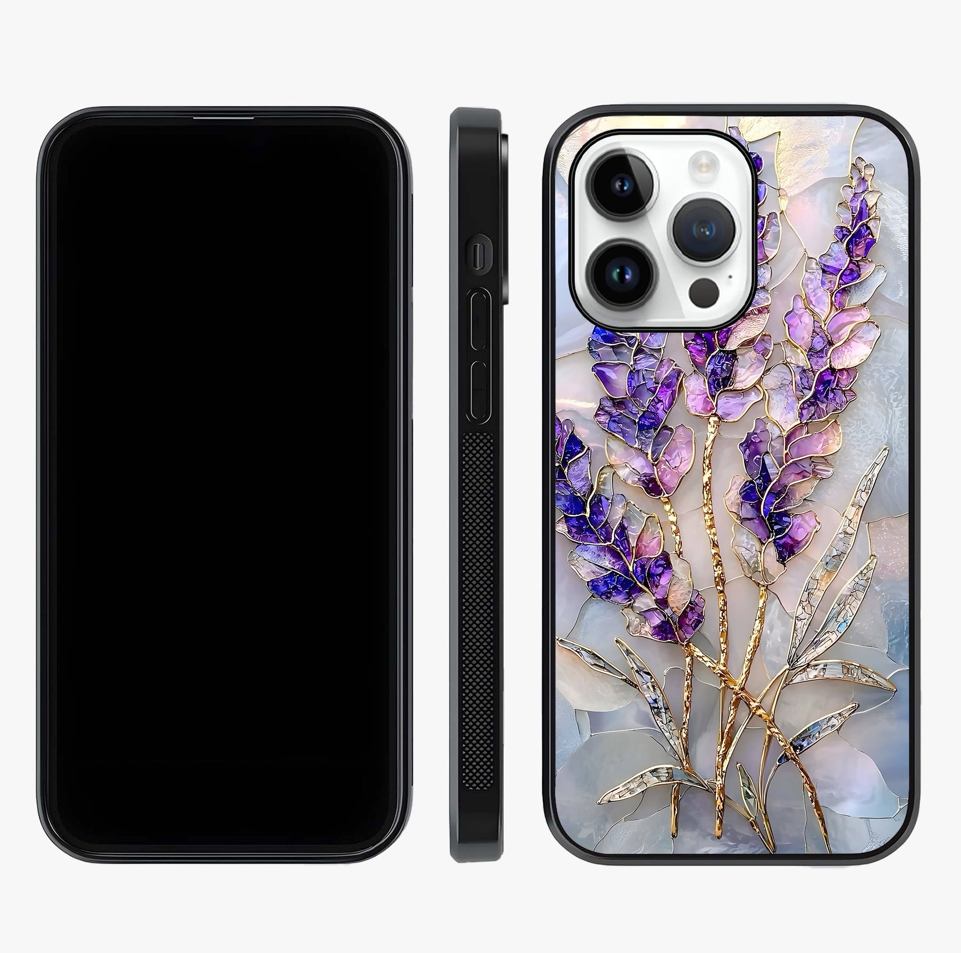 Lavender Dream Glow Glass Case displayed upright for full design visibility and premium finish.