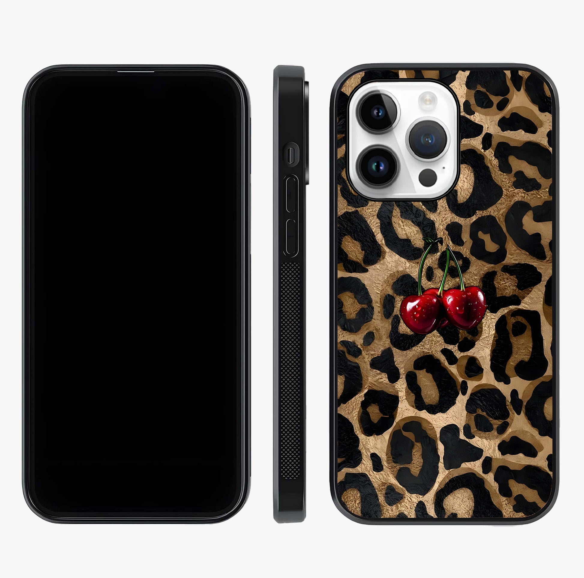 Leopard Wild Cherry Glass Case displayed upright for full design visibility and premium finish.