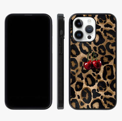 Leopard Wild Cherry Glass Case displayed upright for full design visibility and premium finish.