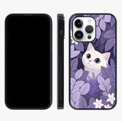 Lilac Hide Peek Cat Glass Case displayed upright for full design visibility and premium finish.