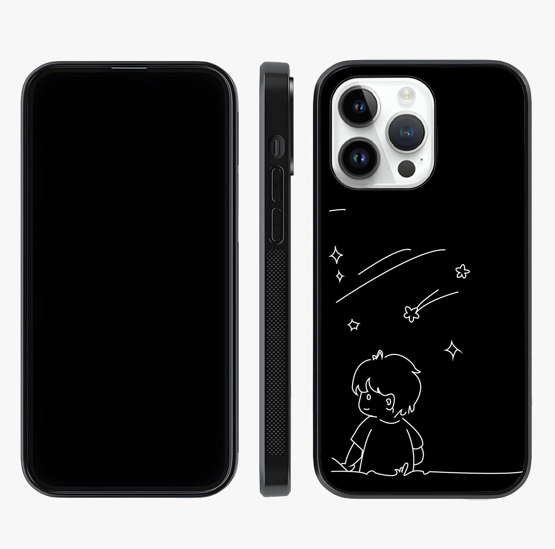 Line Art Boy With Shooting Stars Glass Case displayed upright for full design visibility and premium finish.