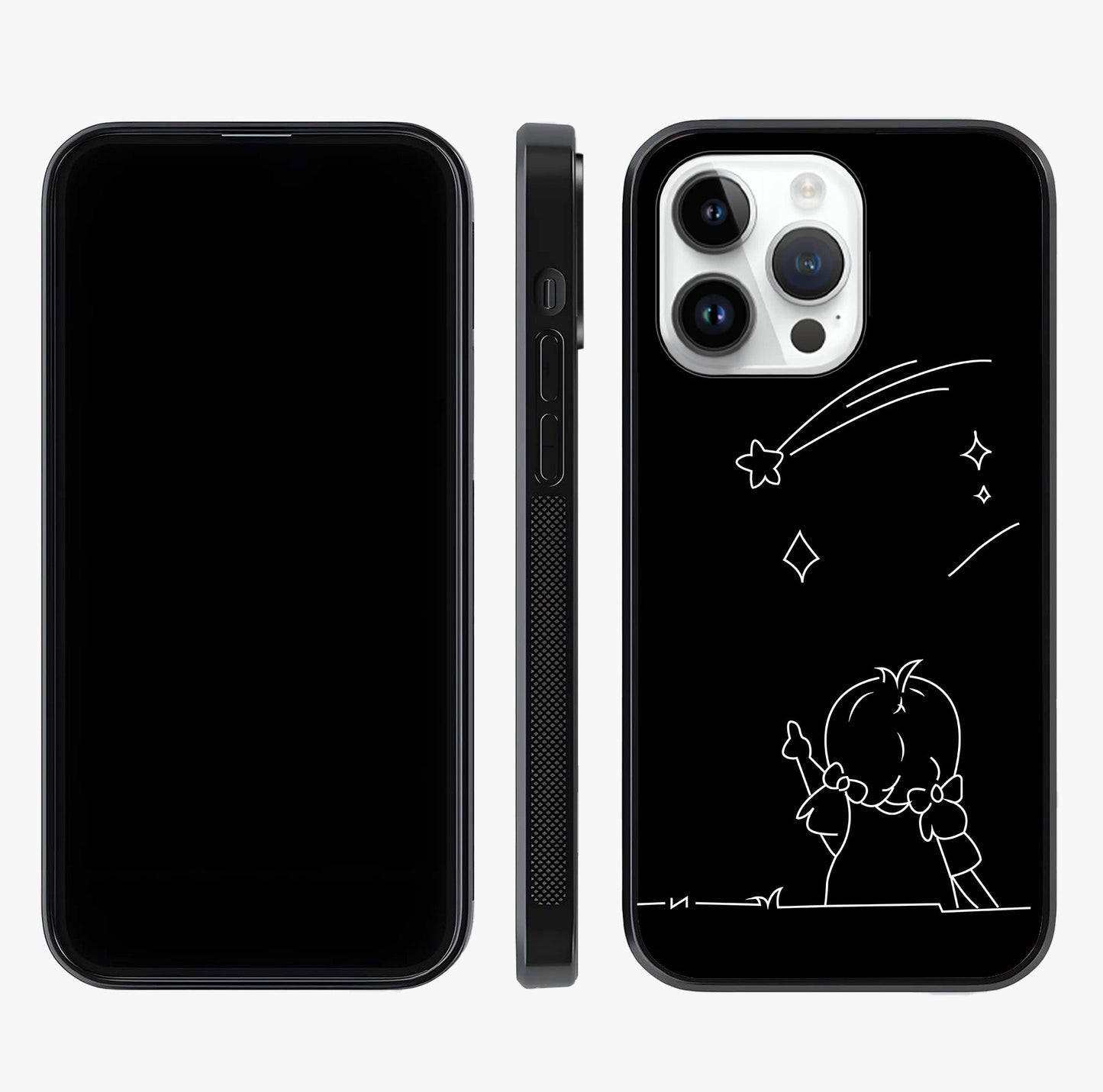 Line Art Girl With Shooting Stars Glass Case displayed upright for full design visibility and premium finish.