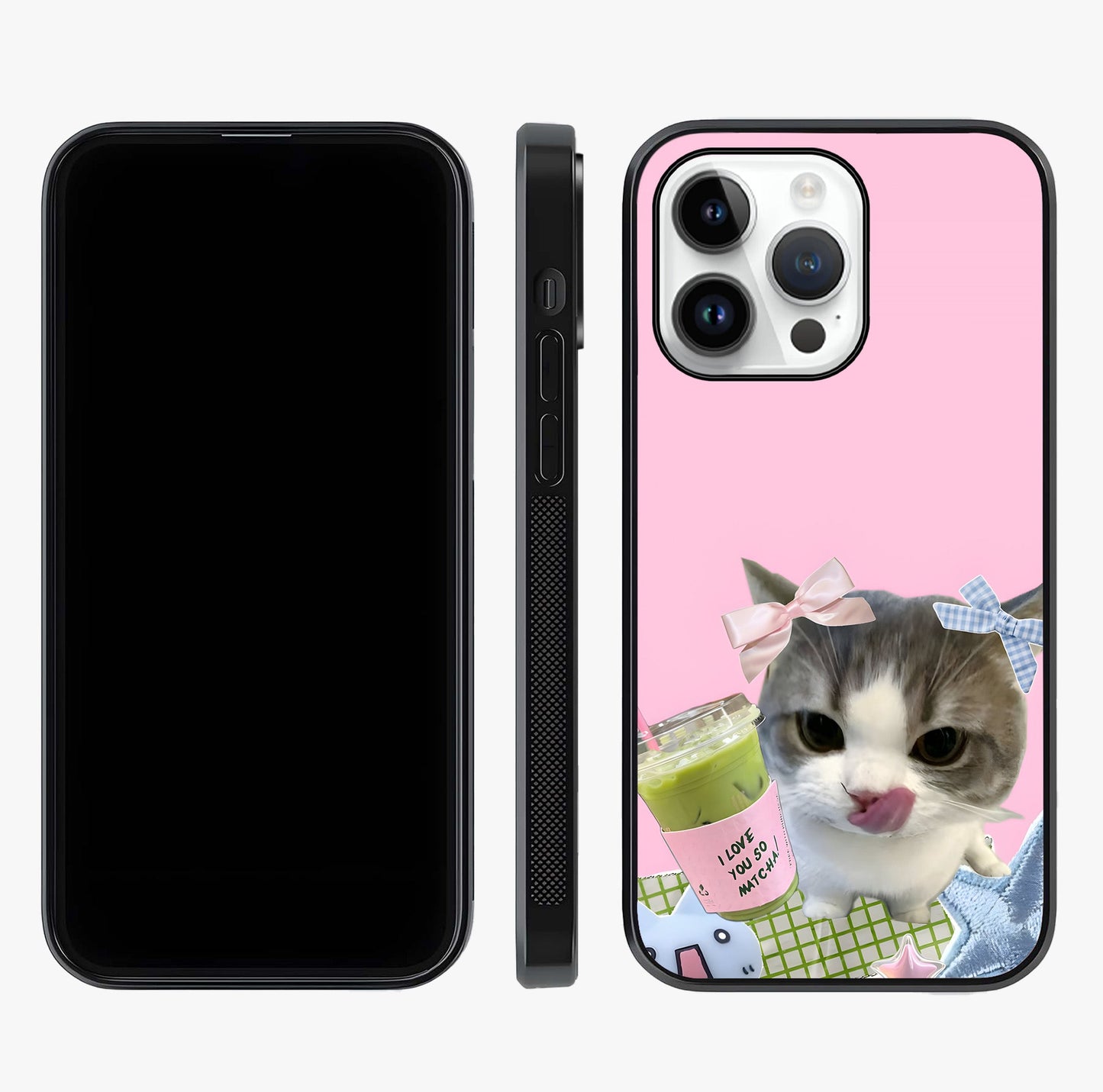 Love Matcha Cat Glass Case displayed upright for full design visibility and premium finish.