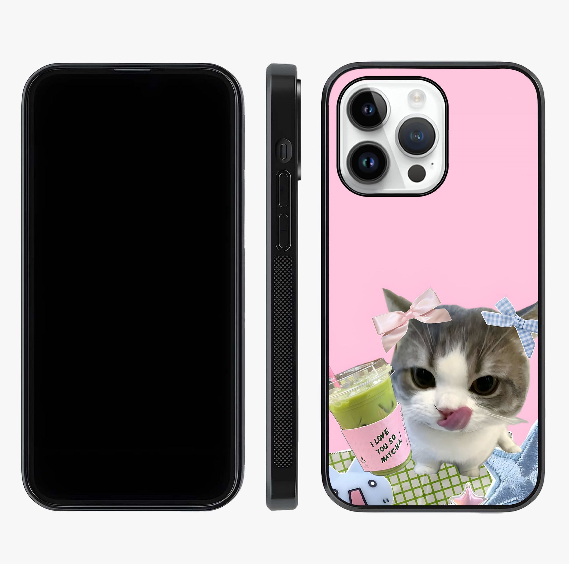 Love Matcha Cat Glass Case displayed upright for full design visibility and premium finish.