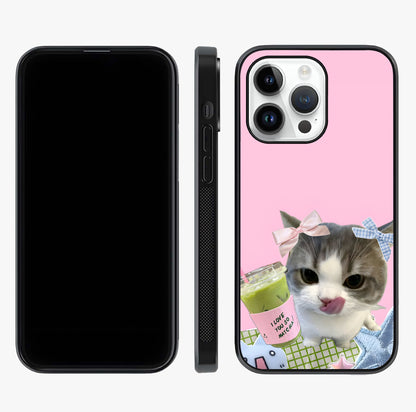 Love Matcha Cat Glass Case displayed upright for full design visibility and premium finish.
