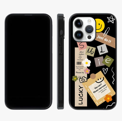 Lucky Aesthetic Collage Glass Case displayed upright for full design visibility and premium finish.