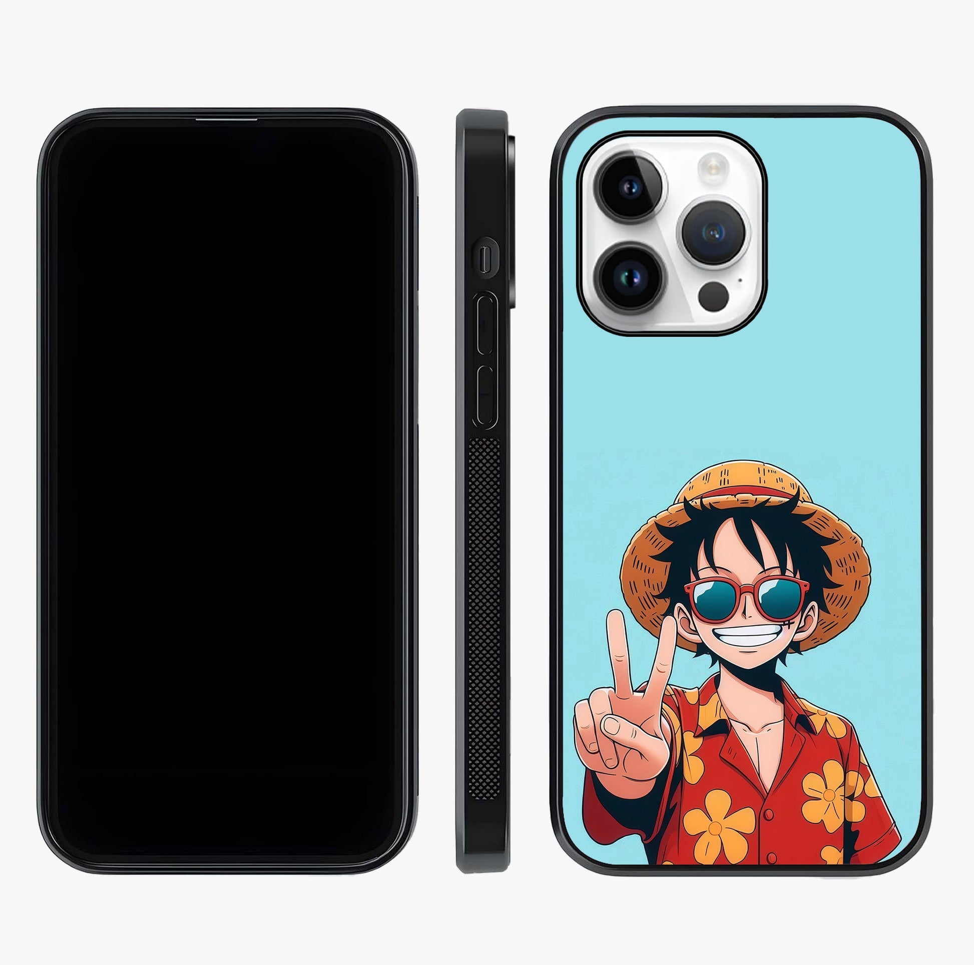 Luffy Summer Anime Vibe Glass Case displayed upright for full design visibility and premium finish.