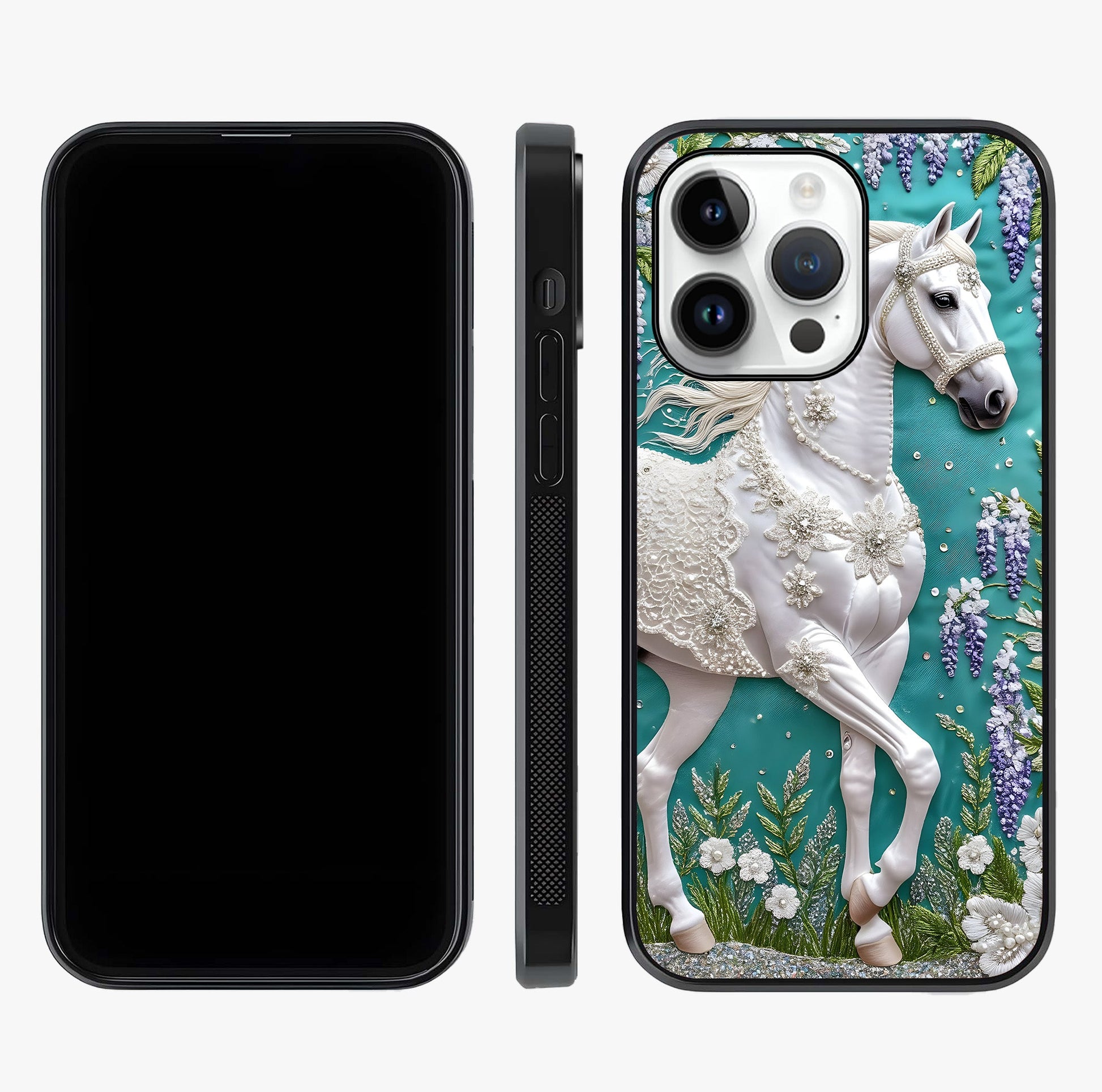 Majestic Floral Stallion Glass Case displayed upright for full design visibility and premium finish.