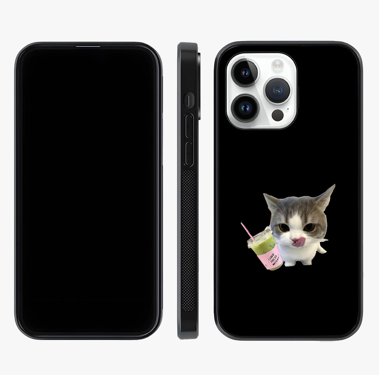 Matcha Cat Style Glass Case displayed upright for full design visibility and premium finish.