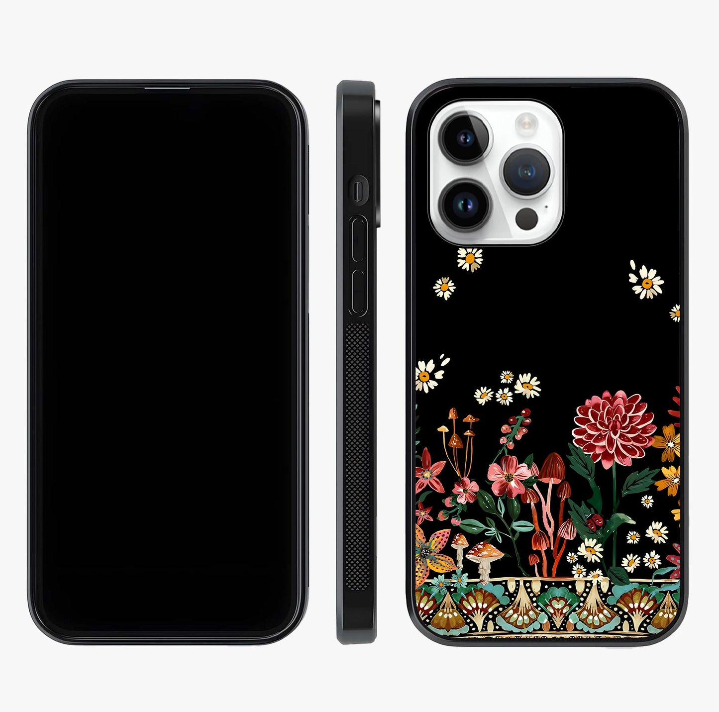 Midnight Bloom Pattern Glass Case displayed upright for full design visibility and premium finish.