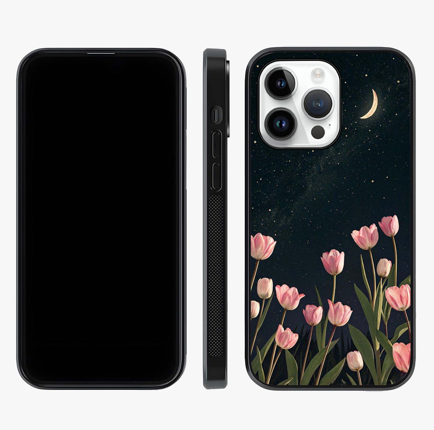 Midnight Tulip Whispers Vibe Glass Case displayed upright for full design visibility and premium finish.