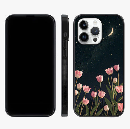 Midnight Tulip Whispers Vibe Glass Case displayed upright for full design visibility and premium finish.