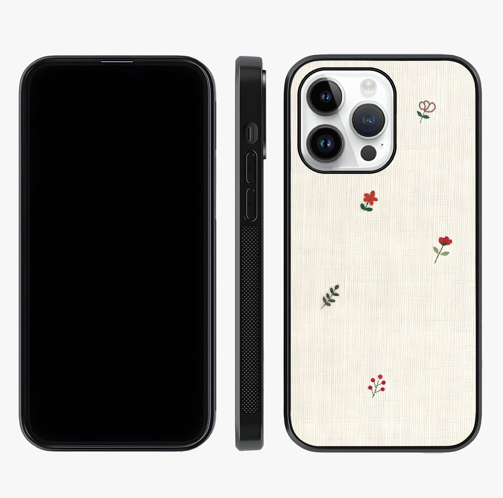 Minimal Petal Whispers Glass Case displayed upright for full design visibility and premium finish.
