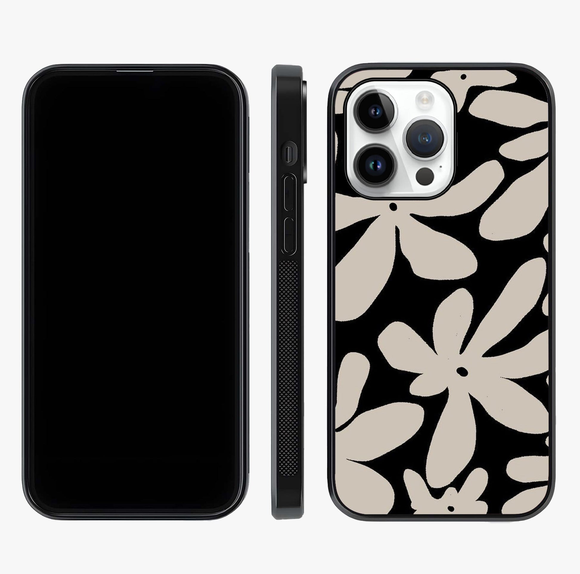 Monochrome Petal Dance Glass Case displayed upright for full design visibility and premium finish.