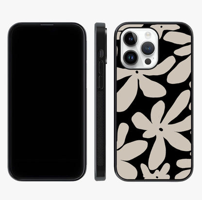 Monochrome Petal Dance Glass Case displayed upright for full design visibility and premium finish.