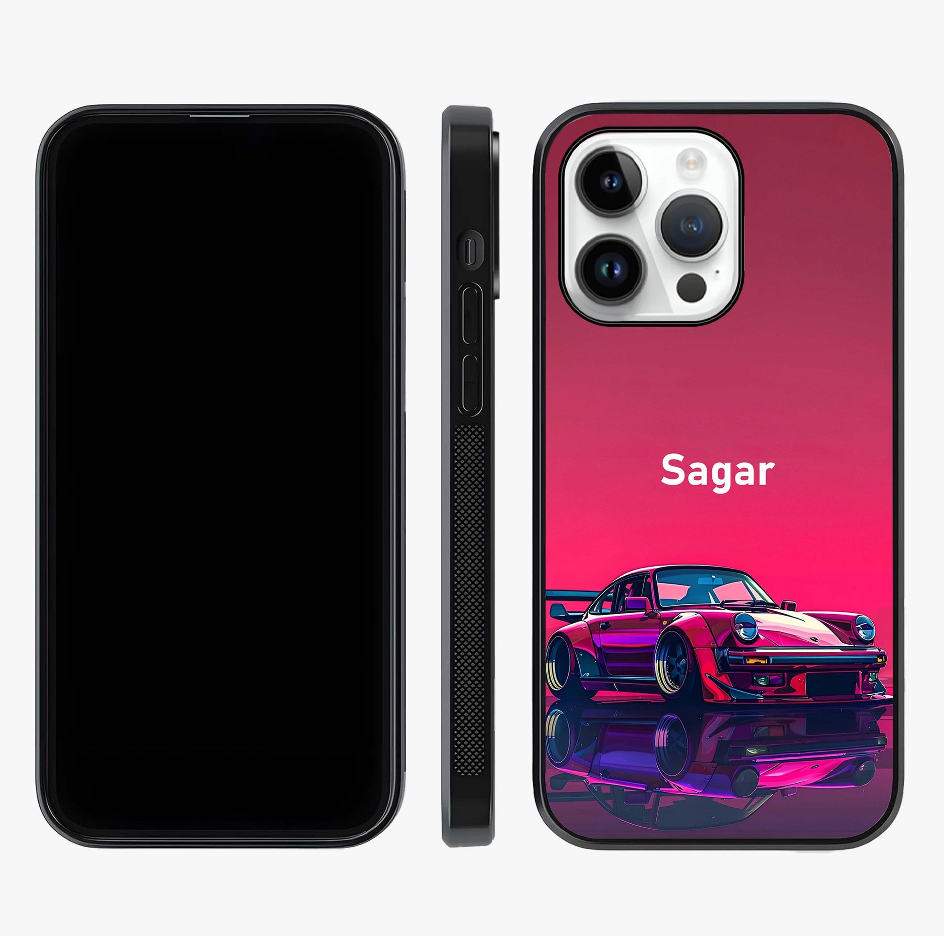 Neon Pink Porsche Glass Case displayed upright for full design visibility and premium finish.