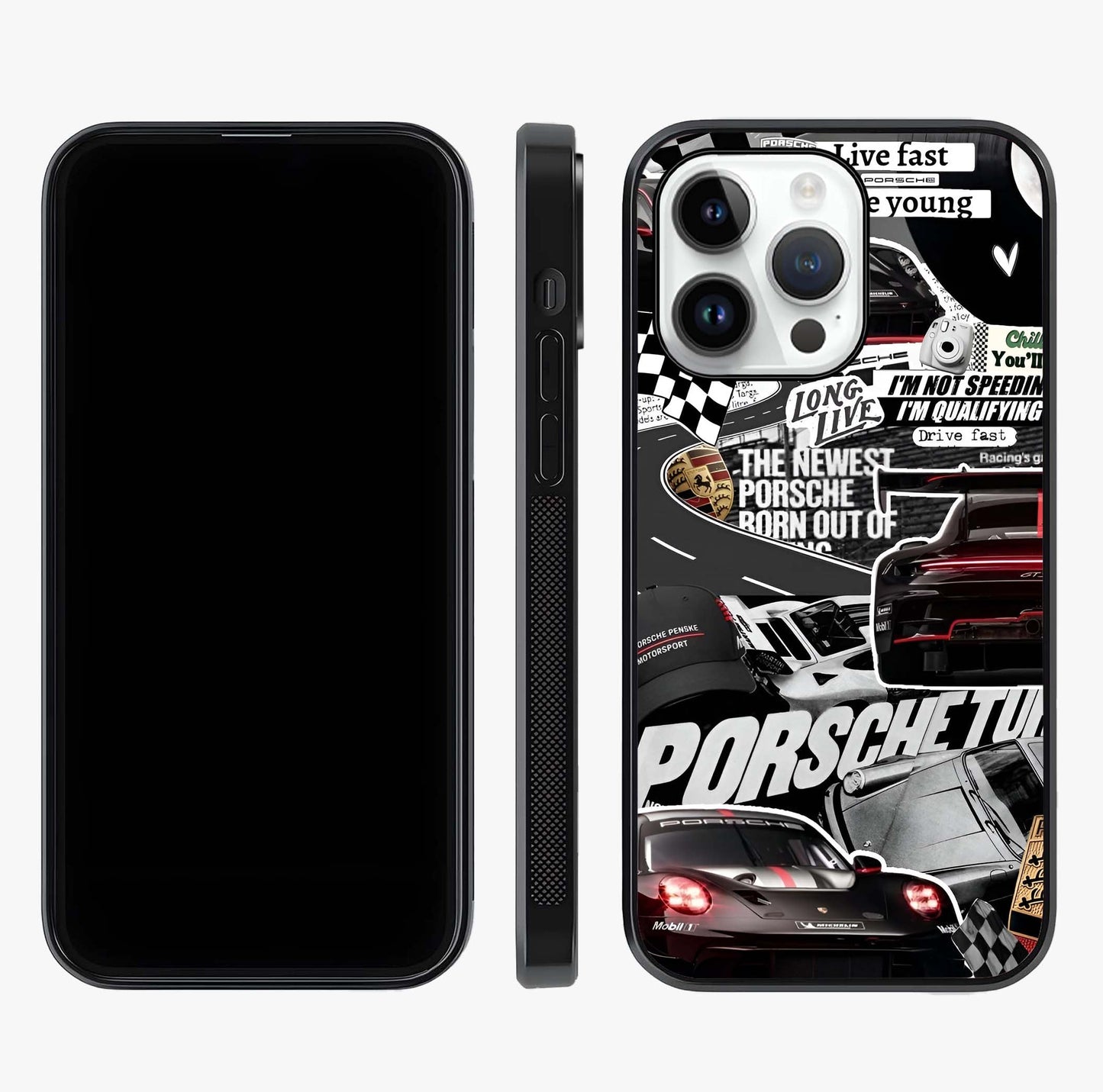 Porsche Racing Collage Glass Case displayed upright for full design visibility and premium finish.