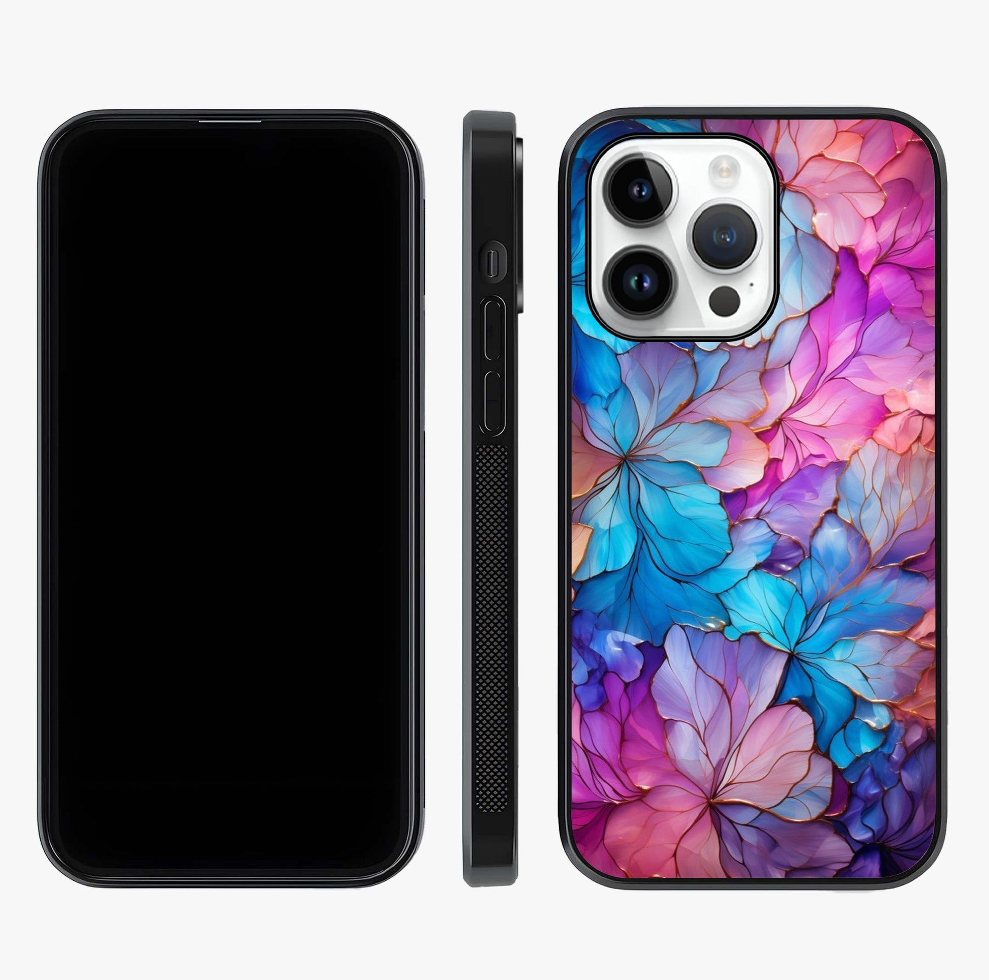 Radiant Floral Whirl Glass Case displayed upright for full design visibility and premium finish.