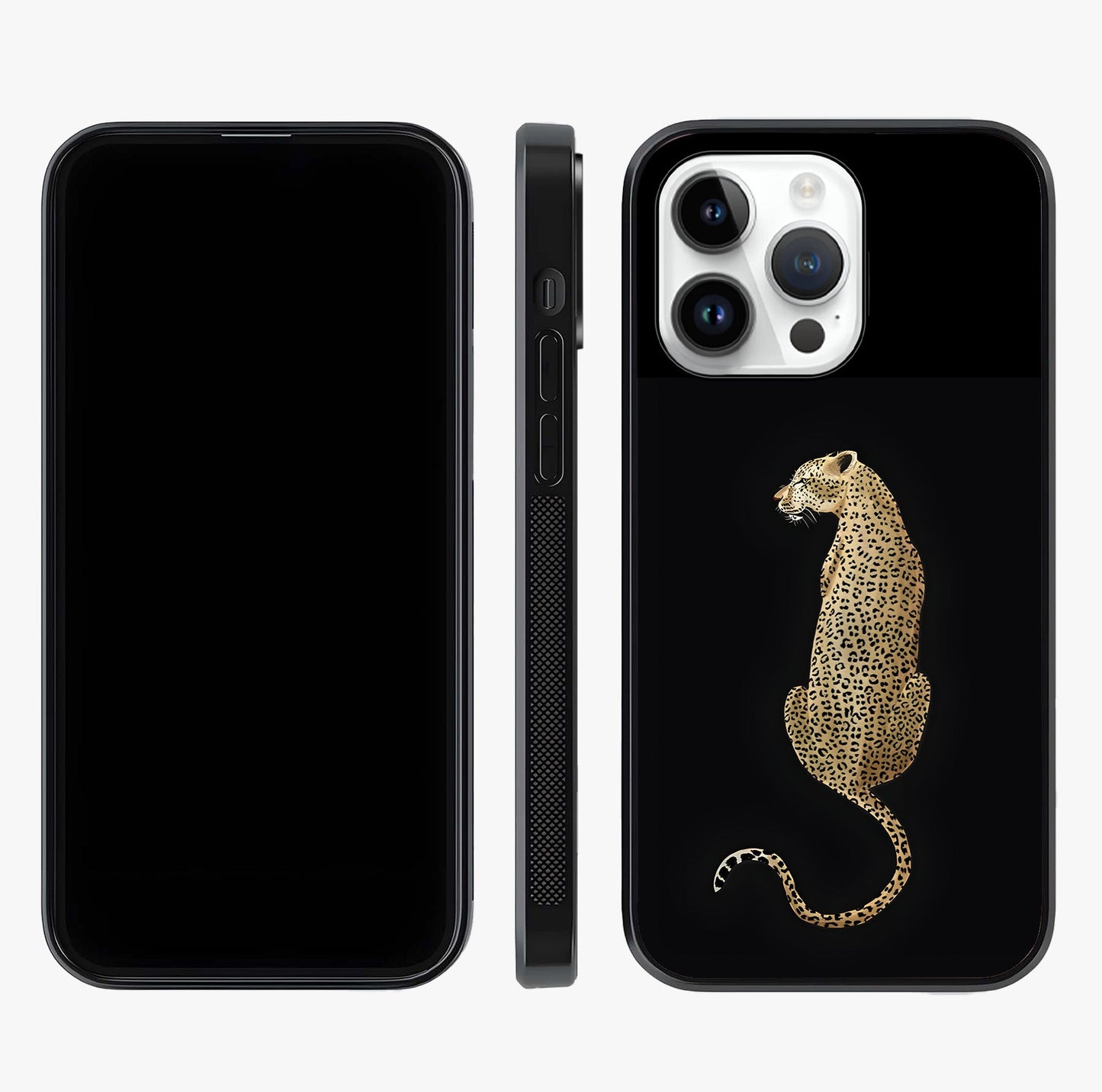 Regal Leopard Glass Case displayed upright for full design visibility and premium finish.