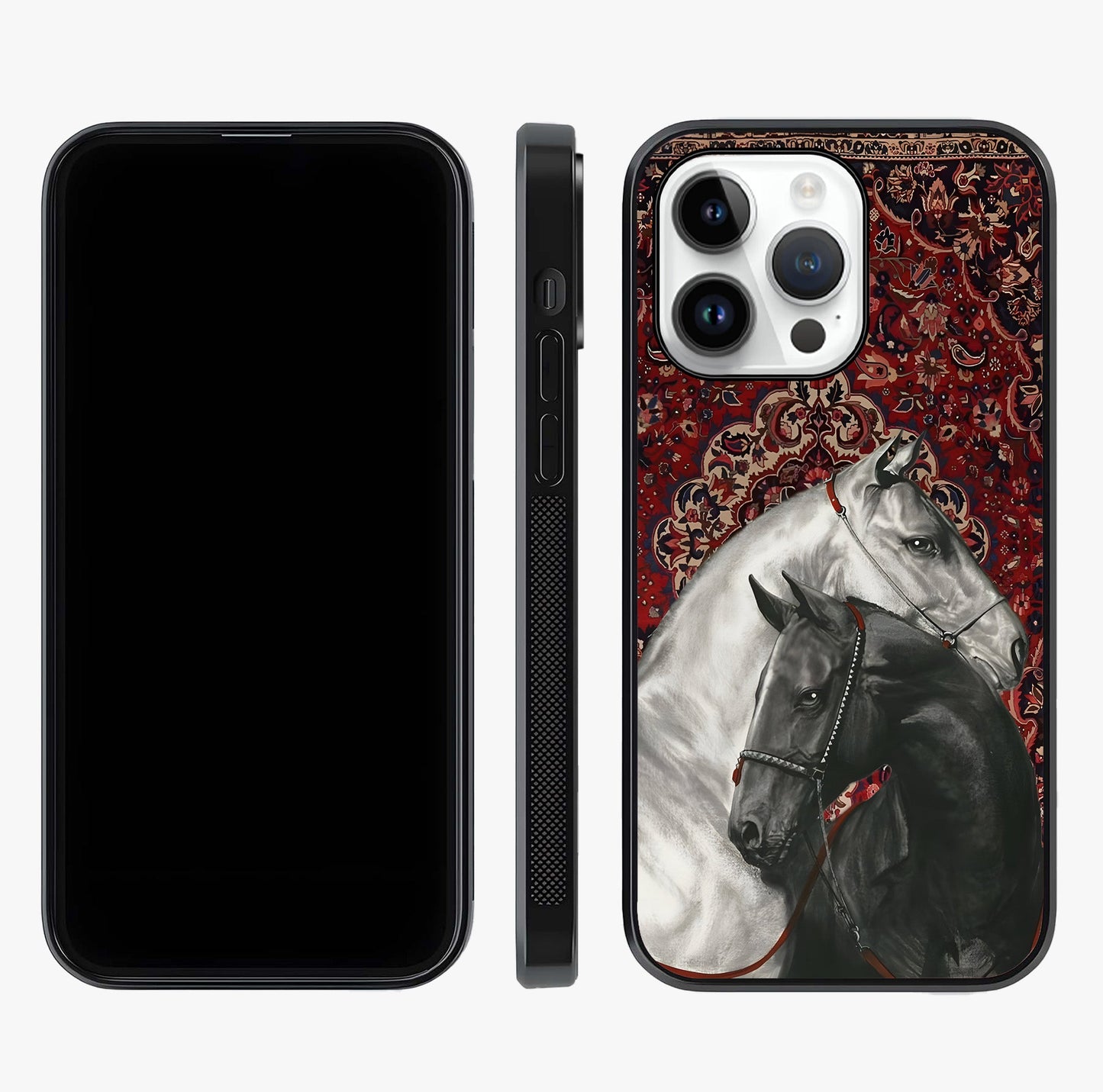 Regal Stallion Tapestry Glass Case displayed upright for full design visibility and premium finish.