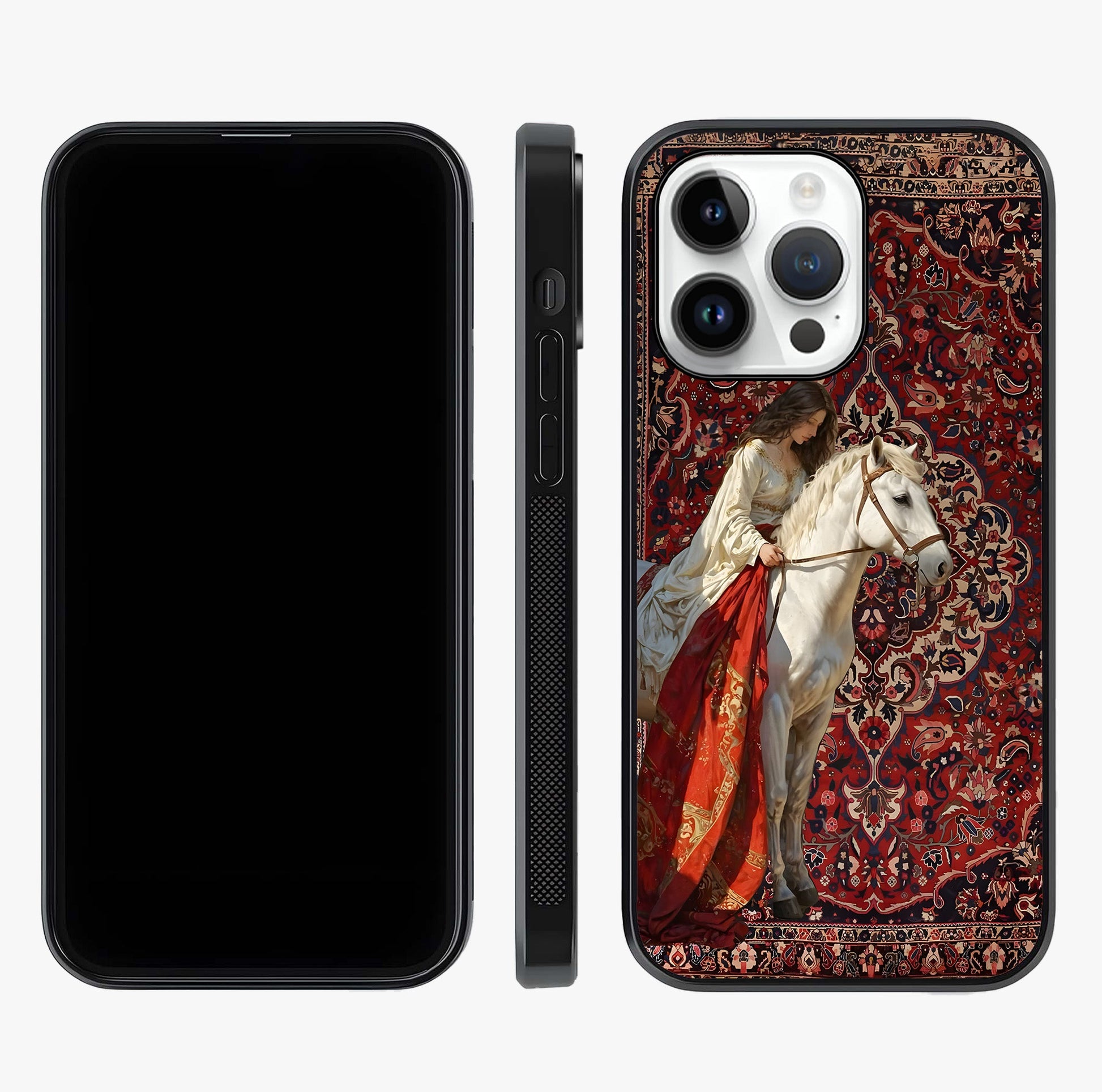 Royal Rider Tapestry Glass Case displayed upright for full design visibility and premium finish.