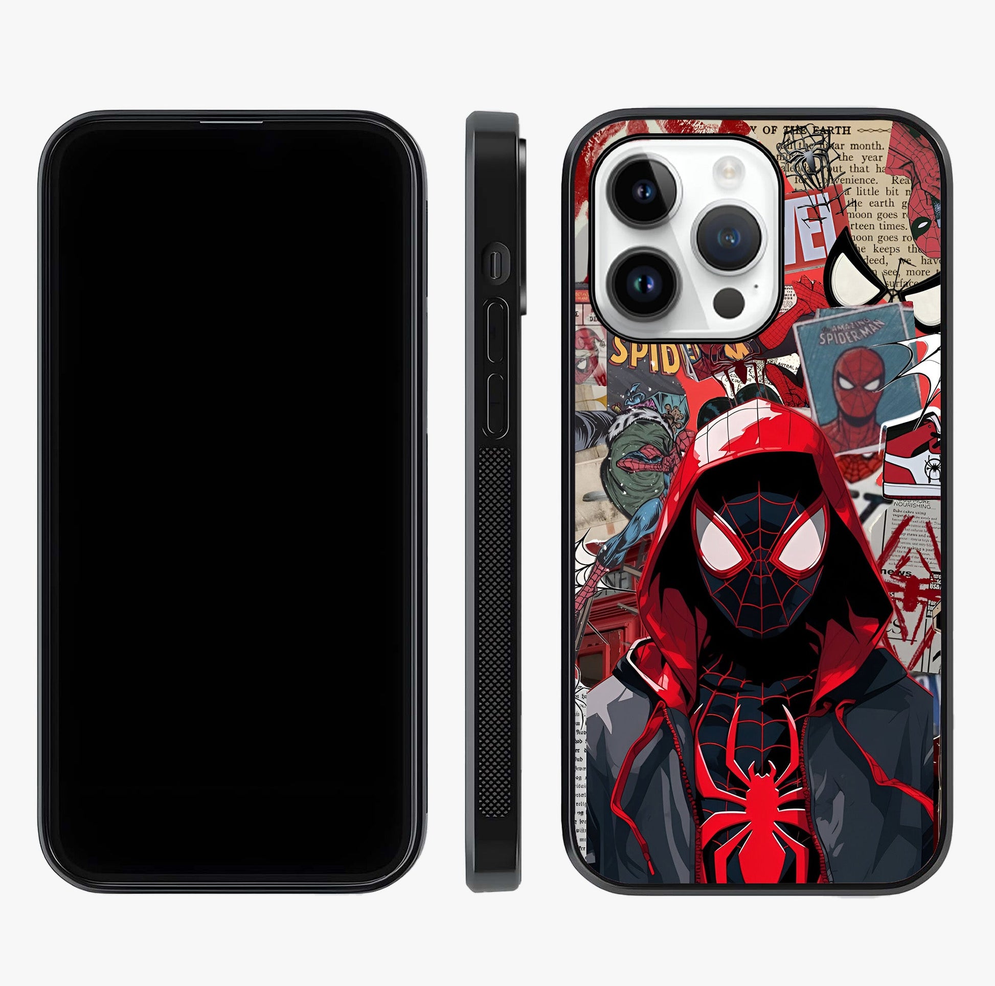 Spider Collage Street Glass Case displayed upright for full design visibility and premium finish.