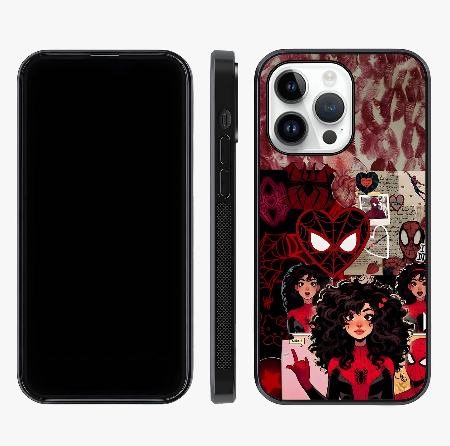 Spider Love Story Glass Case displayed upright for full design visibility and premium finish.