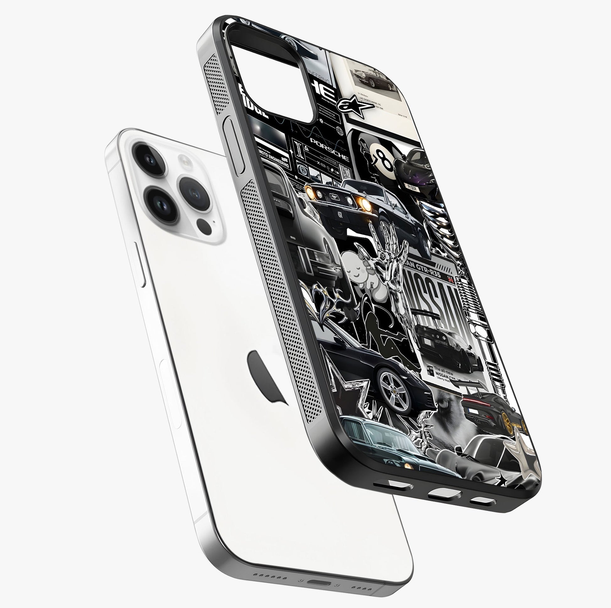 Aesthetic Dark Love Glass Case laid diagonally highlighting side profile, edges and glossy glass shine.