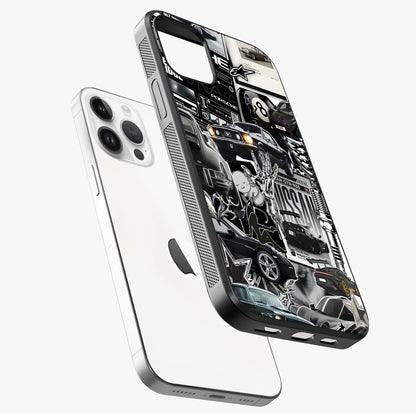 Aesthetic Dark Love Glass Case laid diagonally highlighting side profile, edges and glossy glass shine.