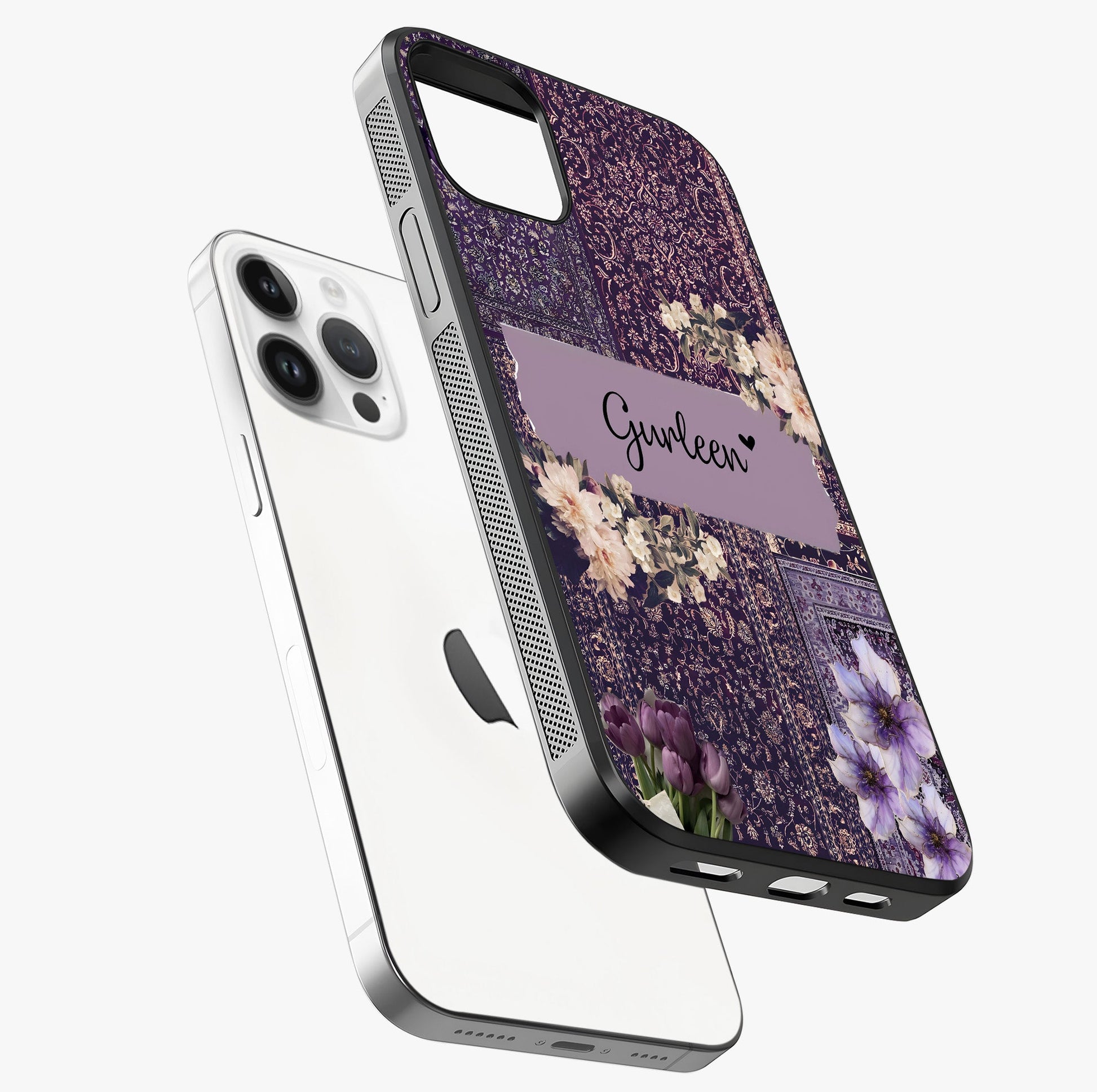 Antique Floral Whisper Custom Name Glass Case laid diagonally highlighting side profile, edges and glossy glass shine.